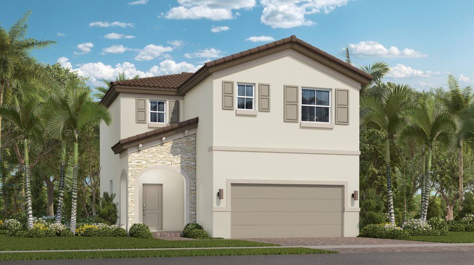 Elevation B - Exterior with an arched entryway, stone accents an