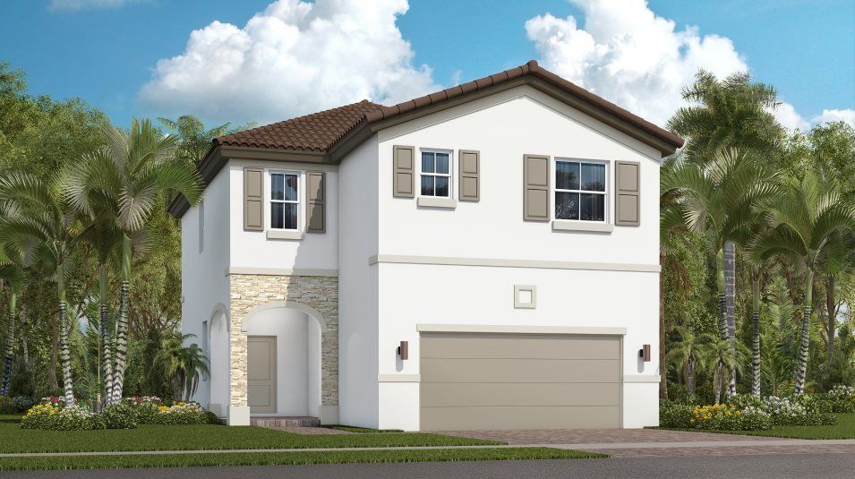 Elevation B - Exterior with an arched entryway and gable rooflin