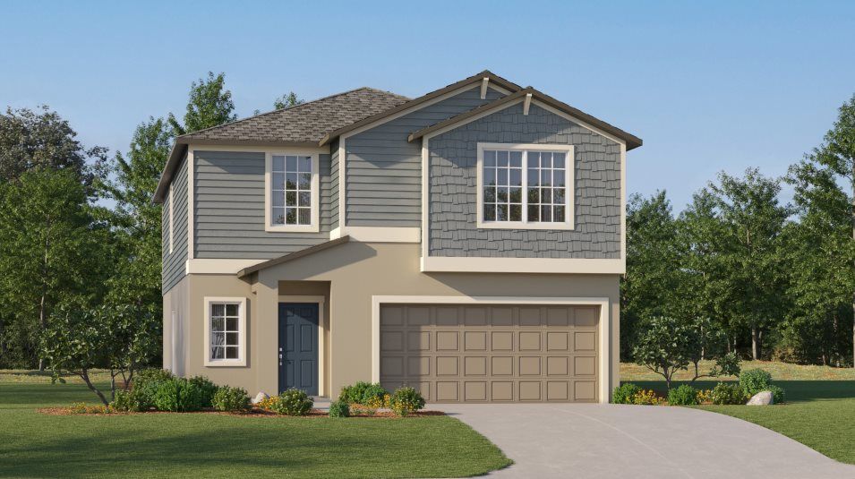 Elevation M - A covered entryway and horizontal lap siding defin