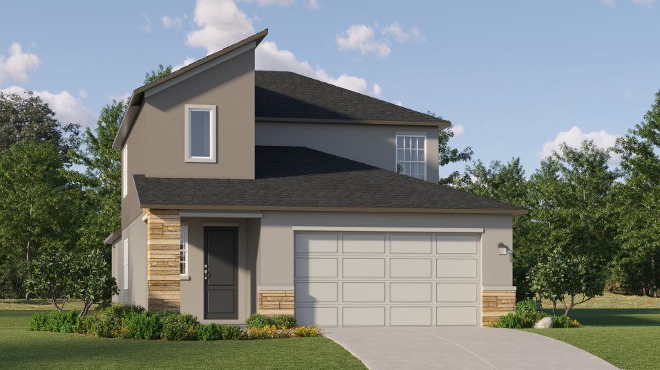Elevation R - Exterior with slanted roofline, clean stucco and s