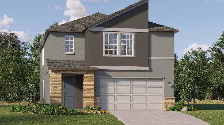 Elevation R - Exterior with slanted roofline, clean stucco and s