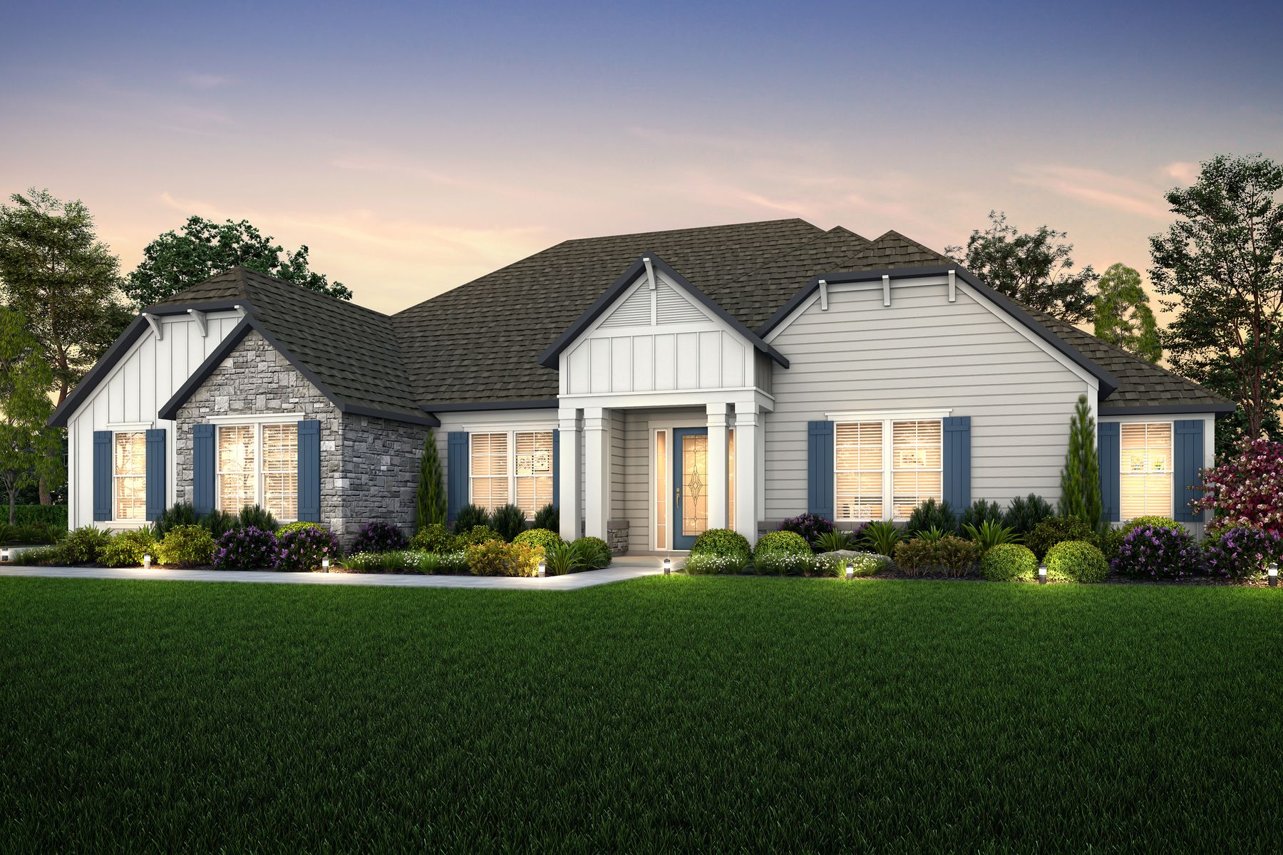 The Mantle Plan by Terrata Homes:The Mantle plan showcases a stunning exterior with a decadent front entry way and lush landscaping.