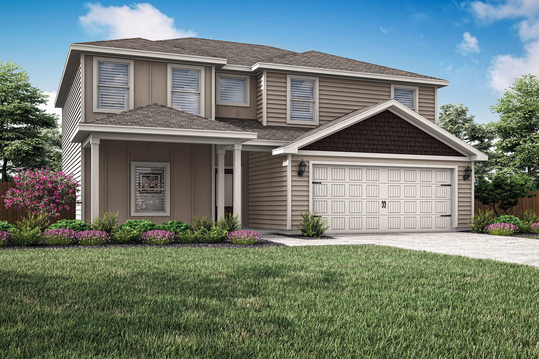 The Chatuge by LGI Homes:Daylight rendering of the two-story Chatuge plan with a siding exterior.