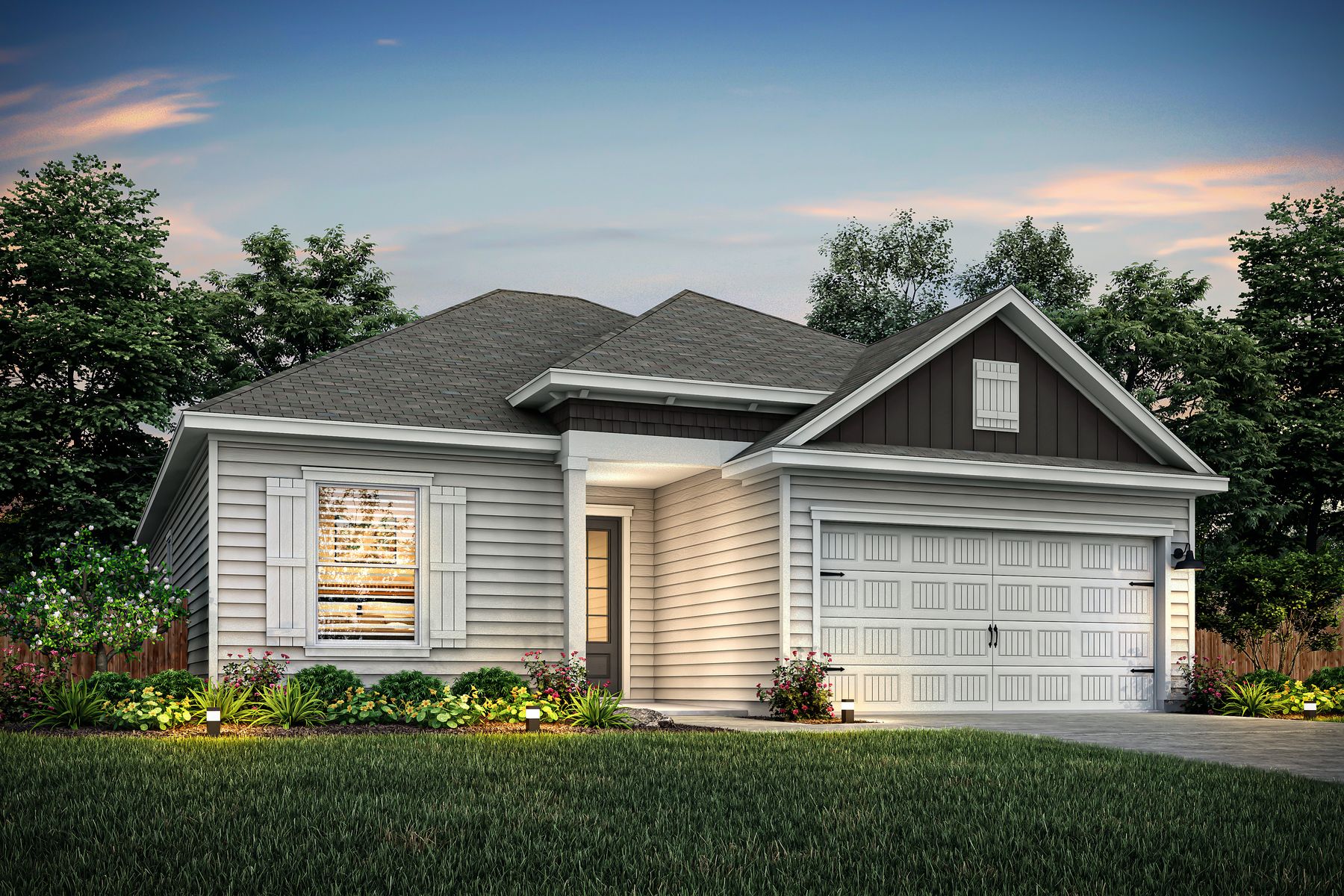 Dusk rendering of the Bowie plan.:Terrata Homes at Whisper Valley