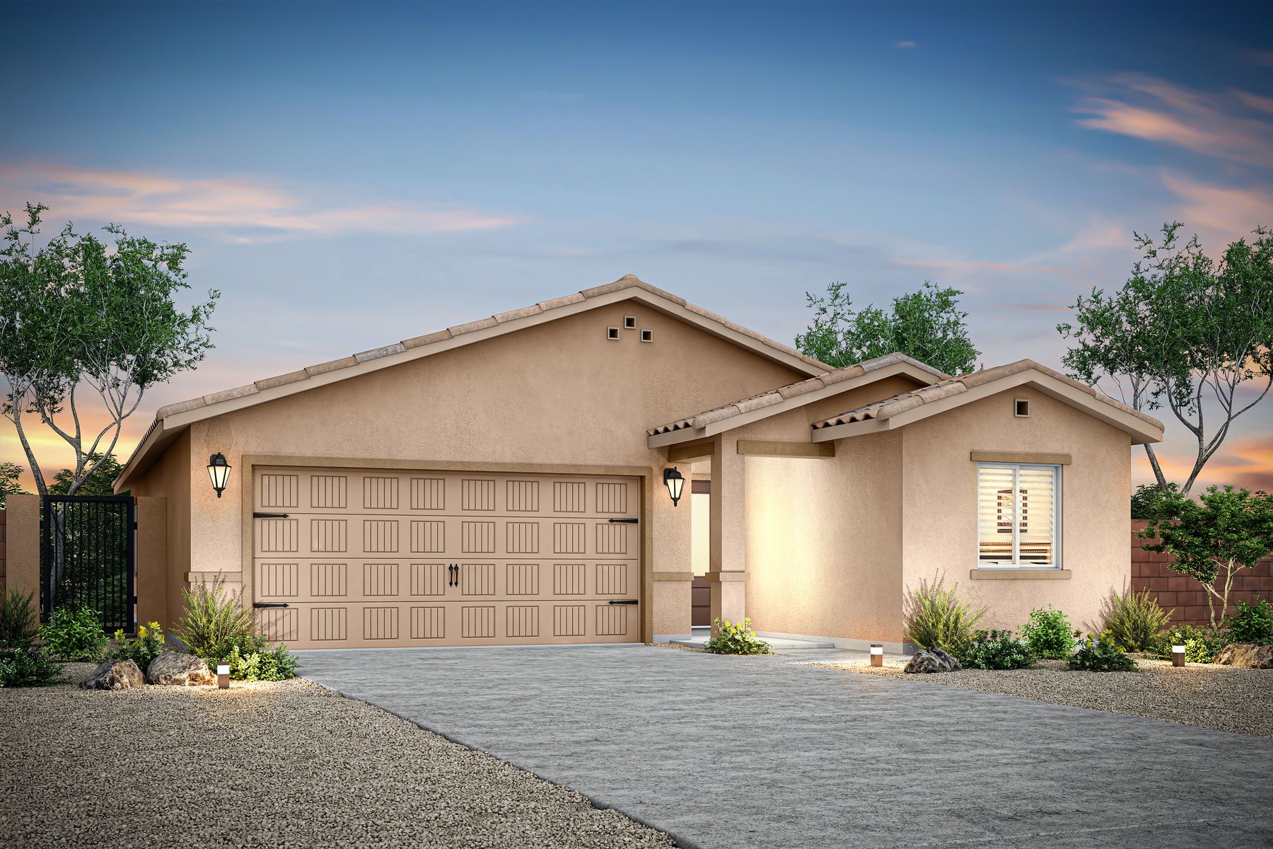 This home has a beautiful stucco exterior and features a blue door.