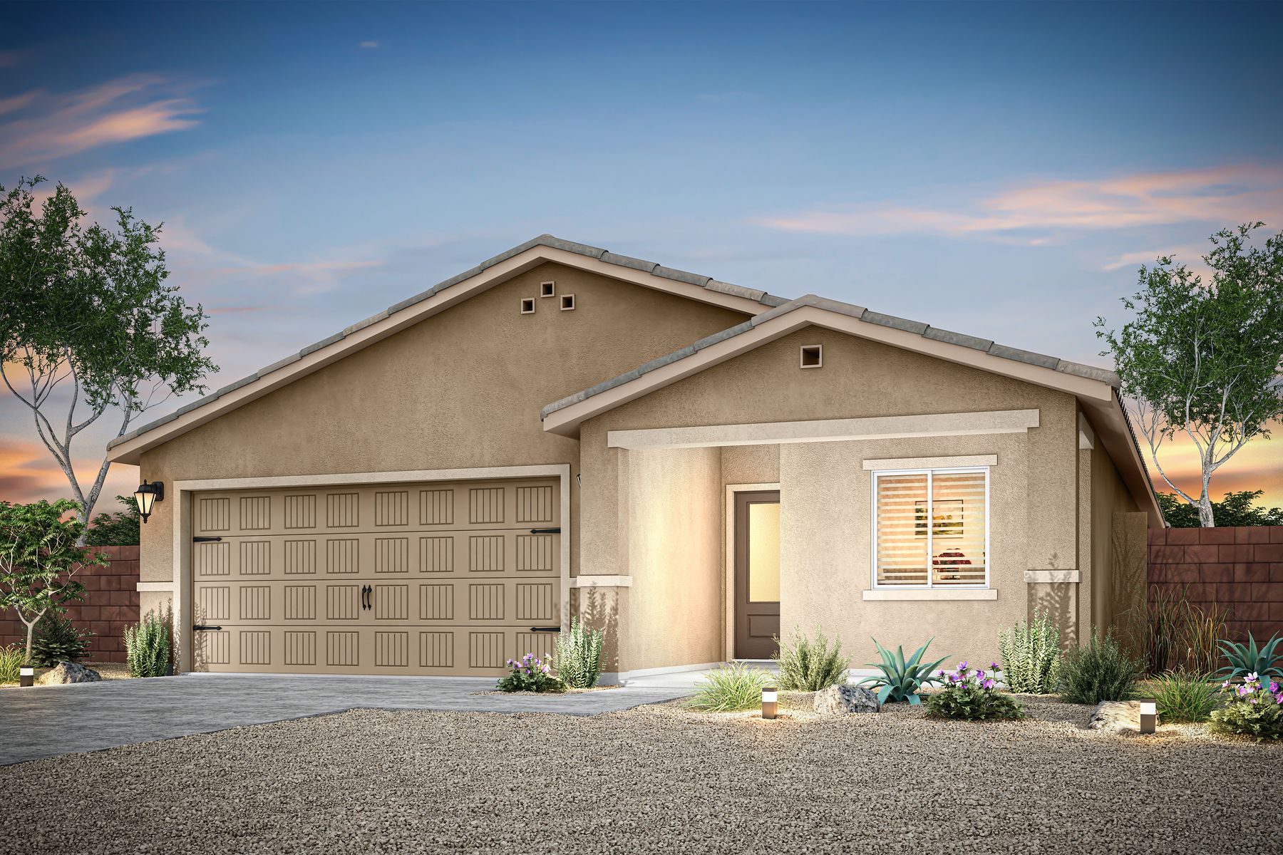 This home has a beautiful stucco exterior and features a blue door.
