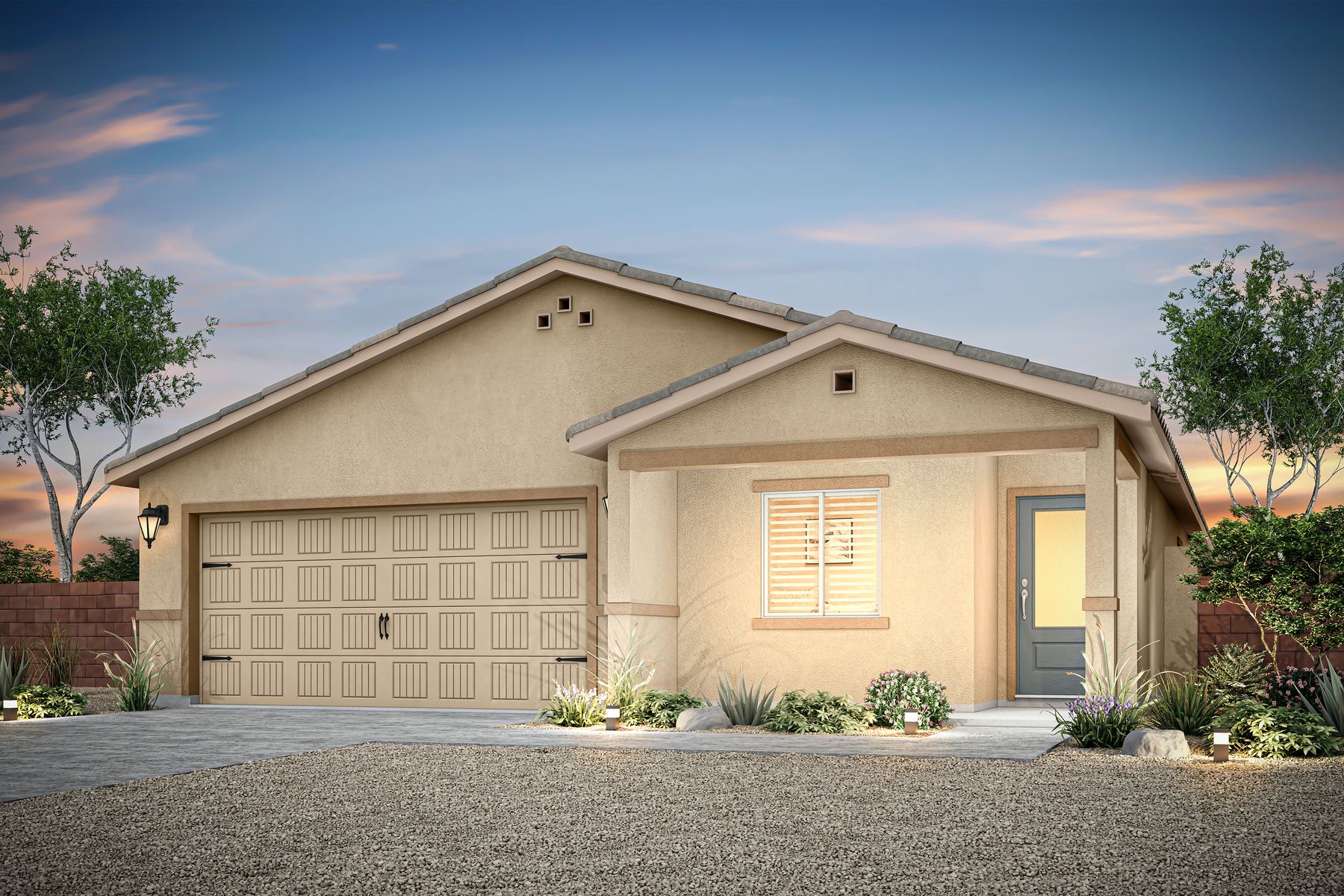 This home has a beautiful stucco exterior and features a blue door.