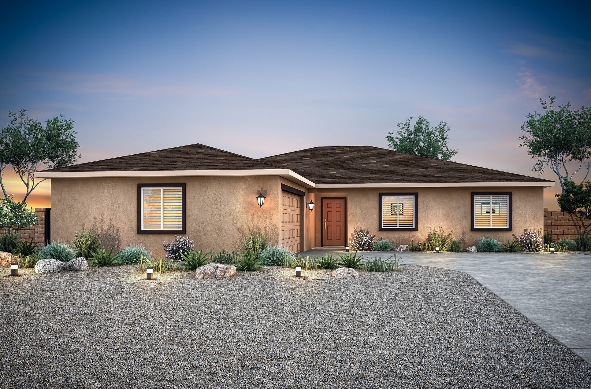 The Sandia floor plan at dusk.