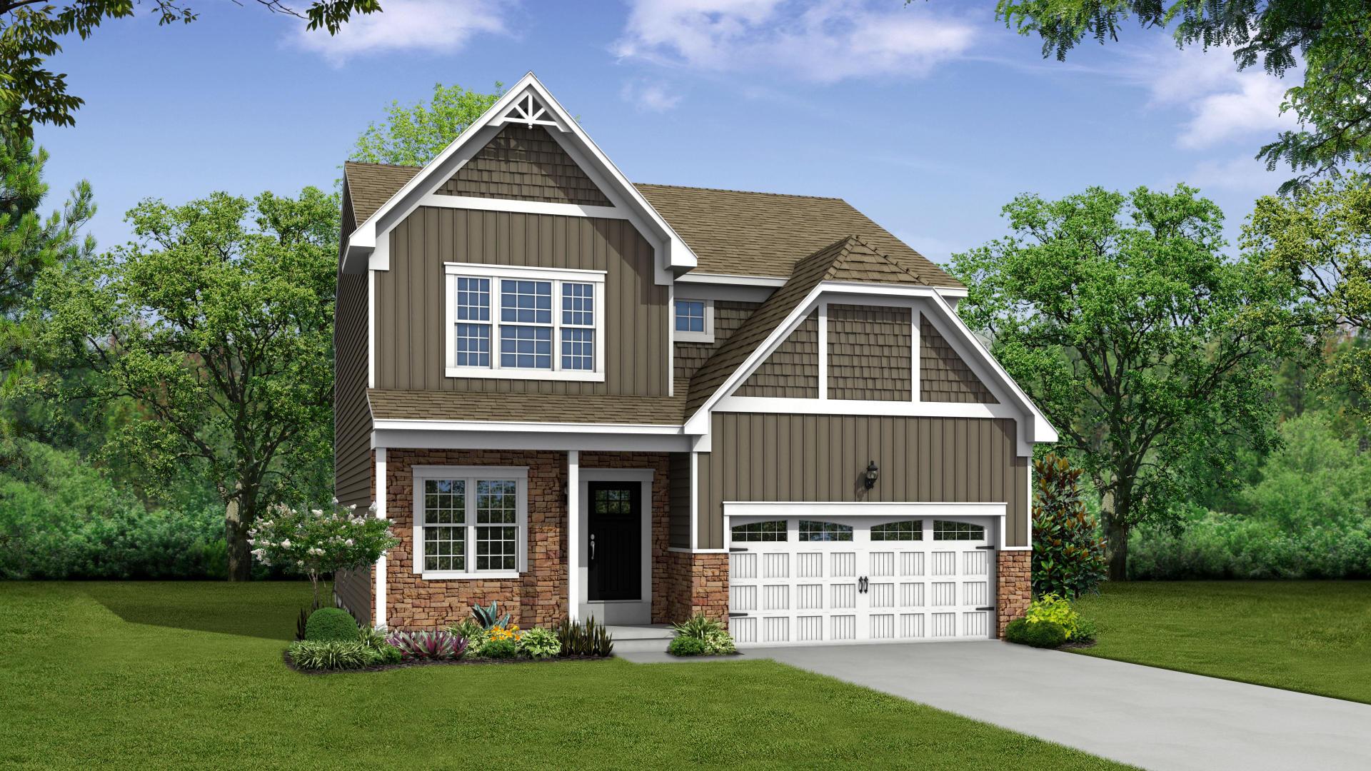 Exterior:Elevation: A Opt New England Stone Front, Full Porch, and Garage Door