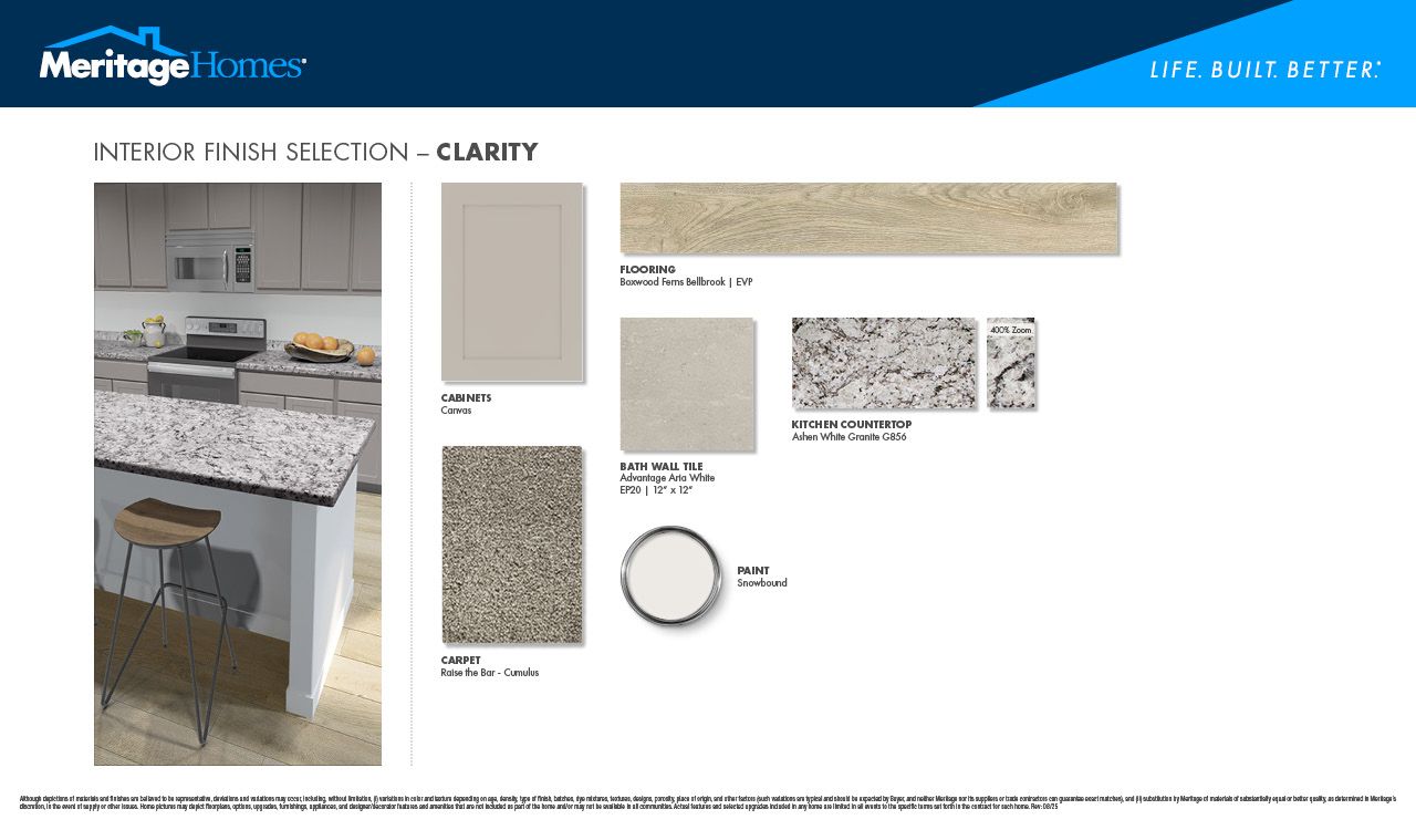 Light grey cabinets and granite countertops:Clarity Interior Package