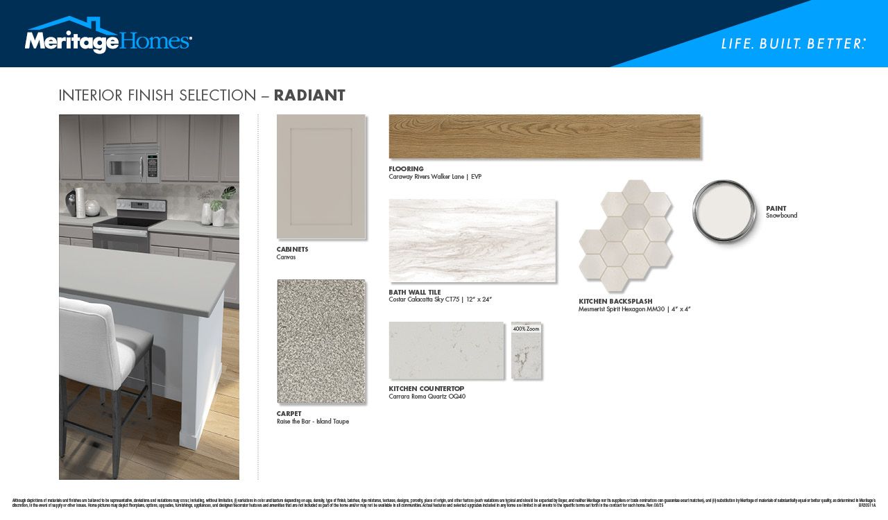 Radiant Interior Package:Light grey cabinets, quartz countertops, and a hexagon backsplash