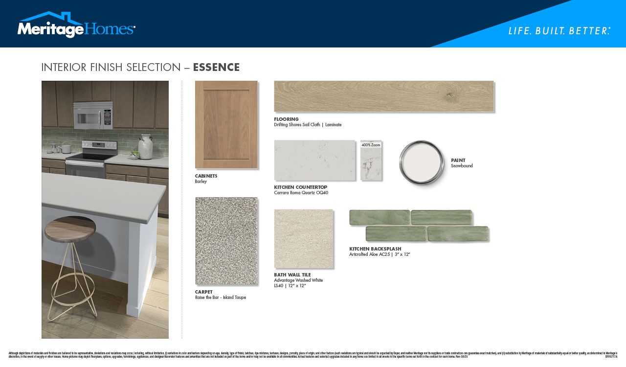 Light brown cabinets, quartz countertops, and an aloe green backsplash:Essence Interior Package