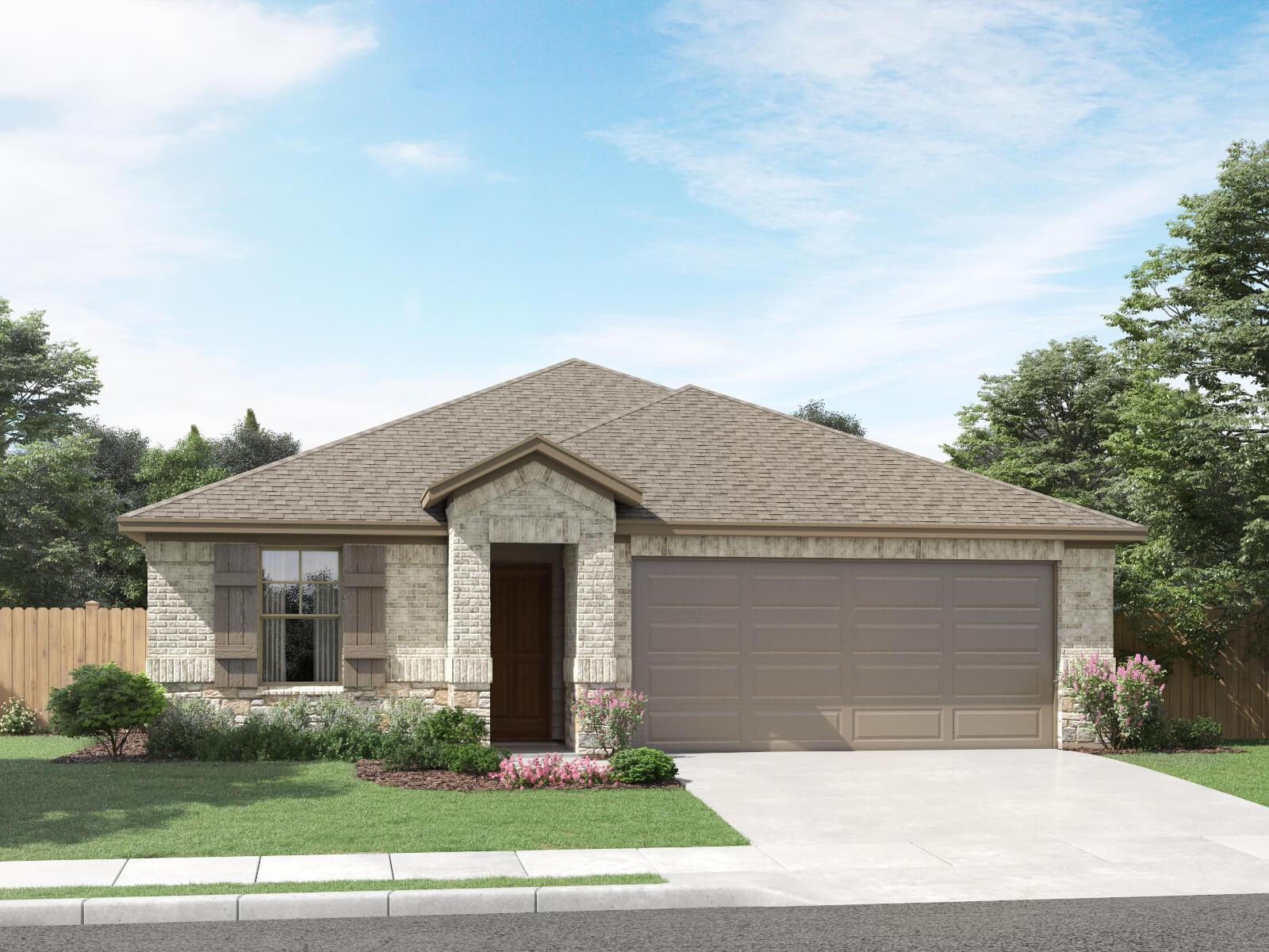 Front exterior rendering of the Hughes floorplan, elevation B.:Front exterior render, elevation B.