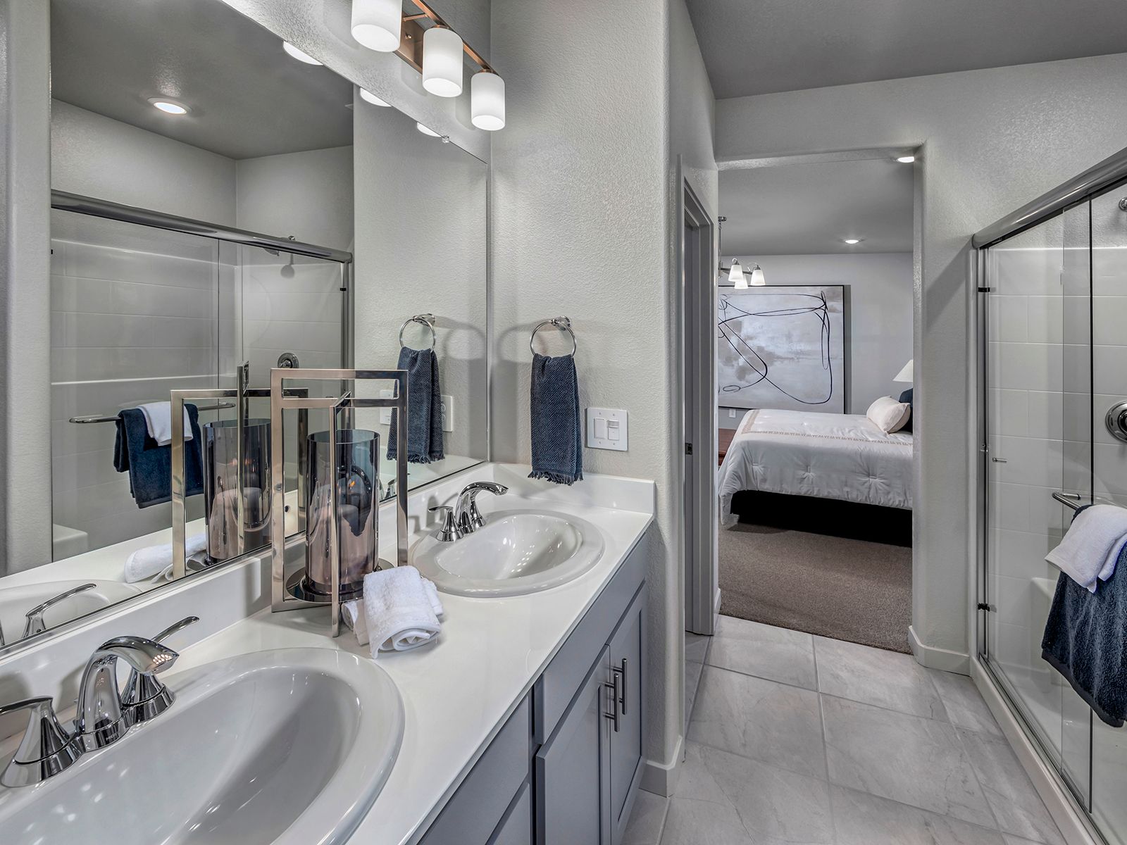 Primary Bathroom:Modeled Residence 1 at Casacala in Brentwood, CA.