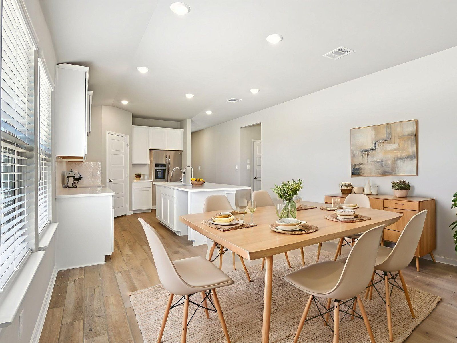 Virtually staged dining room in the Hughes floorplan at a Meritage Homes community.:Virtually Staged Dining Room