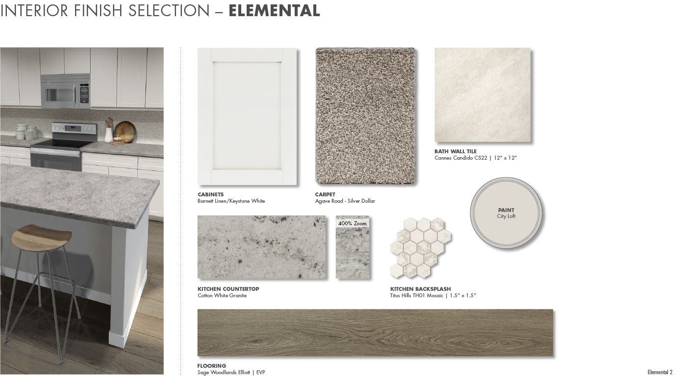 The Elemental Interior Finishes Package:This package includes linen-colored cabinets and granite countertops.