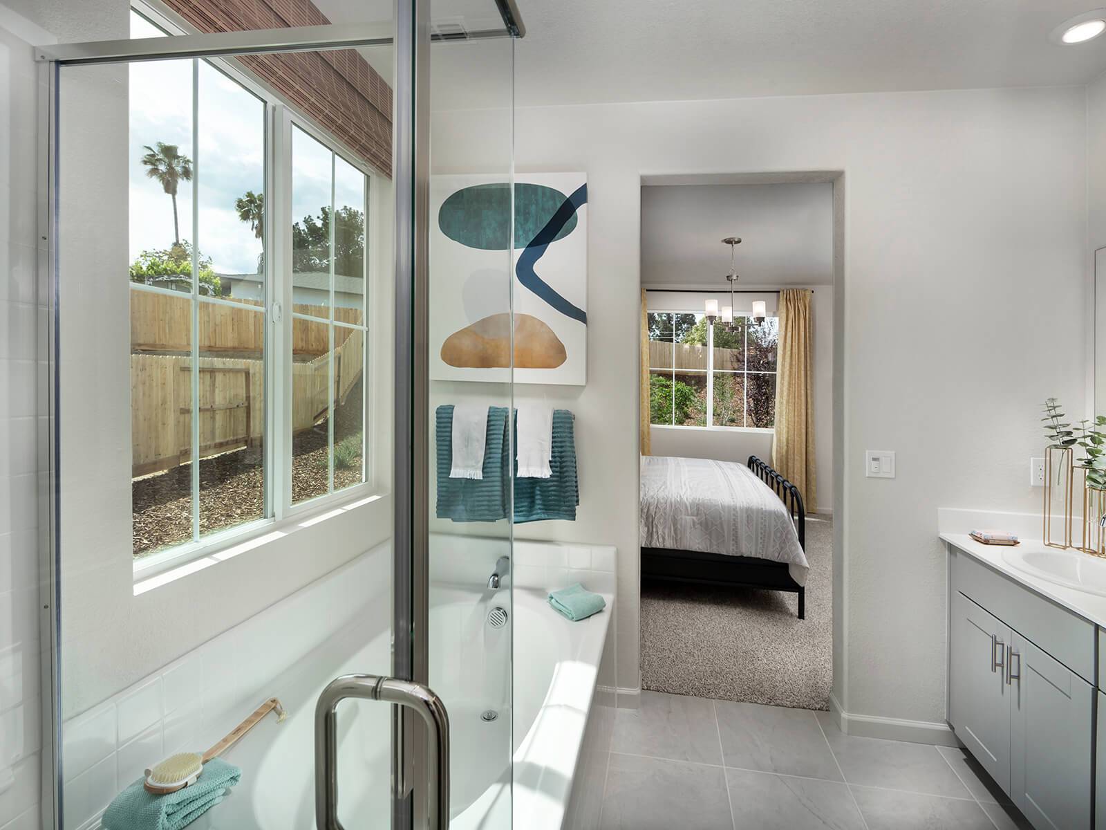 Residence 1 primary bathroom modeled at a nearby Meritage community.:Residence 1 primary bathroom modeled at a nearby Meritage community.