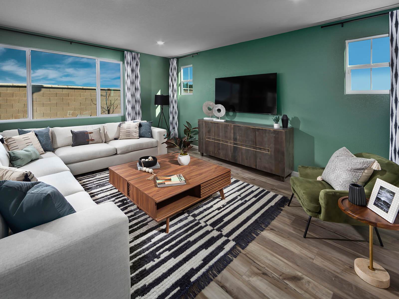 Residence 2 great room modeled at a nearby Meritage community.:Residence 2 great room modeled at a nearby Meritage community.