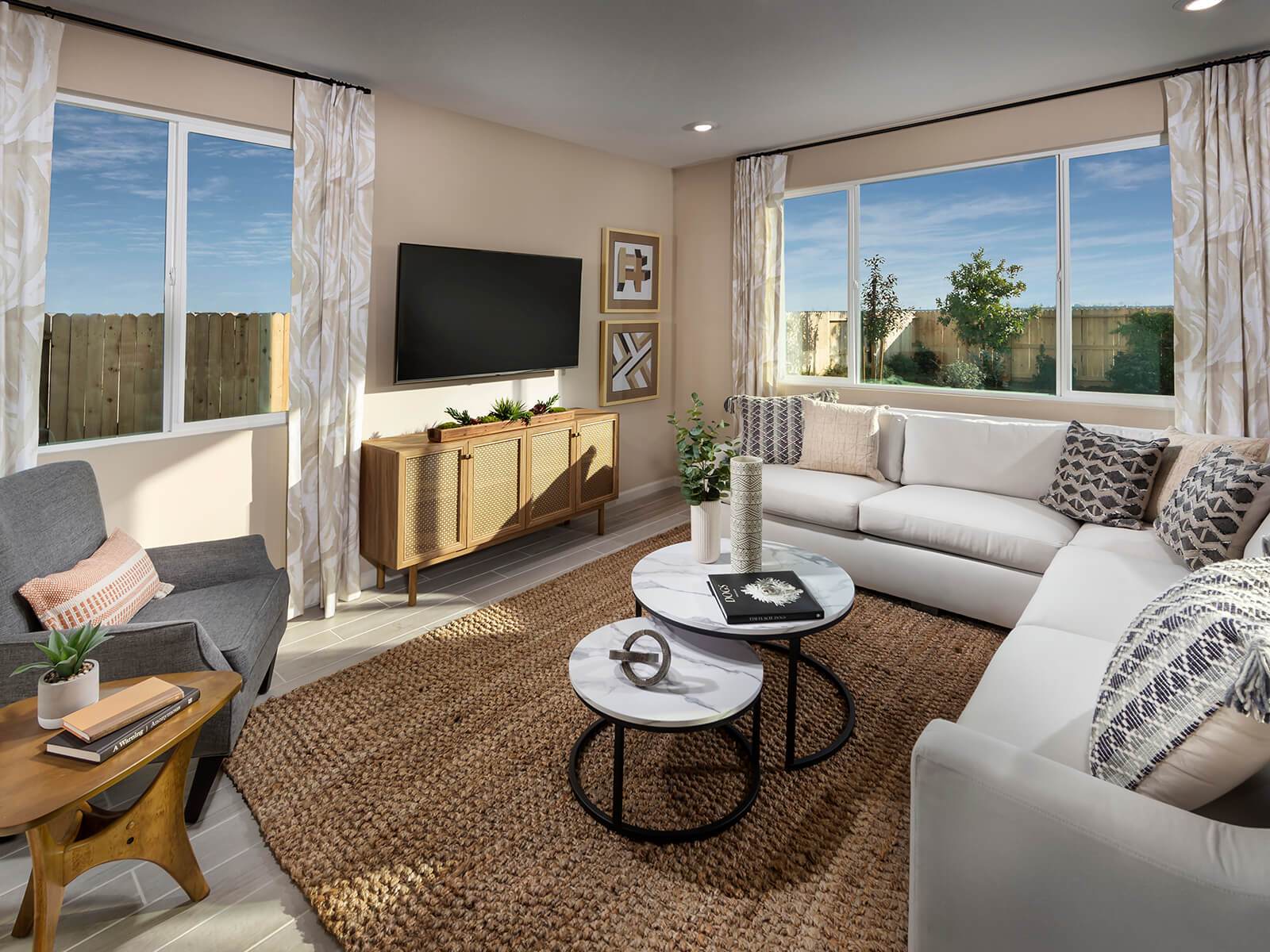 Residence 1 great room modeled at a nearby Meritage community.:Residence 1 great room modeled at a nearby Meritage community.