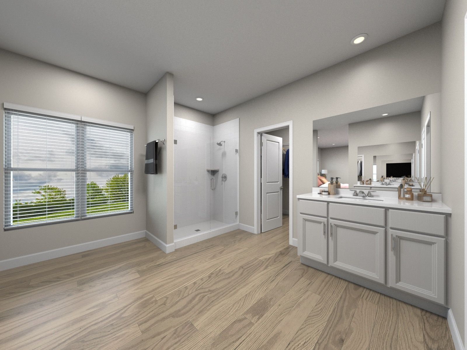 Virtual rendering of the primary bathroom in the Acacia floorplan:Virtual rendering of the primary bathroom in the Acacia floorplan