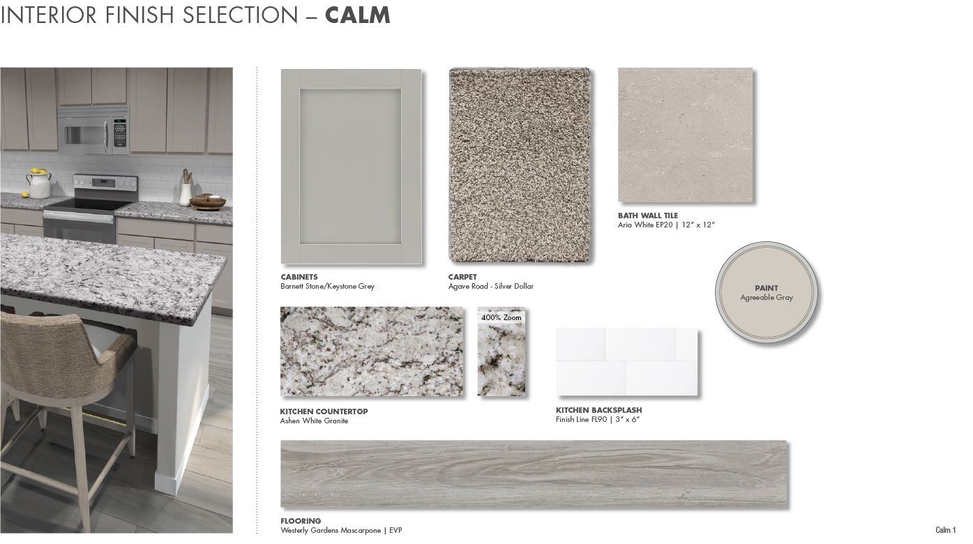 Calm Interior Package:Light grey cabinets and granite countertops