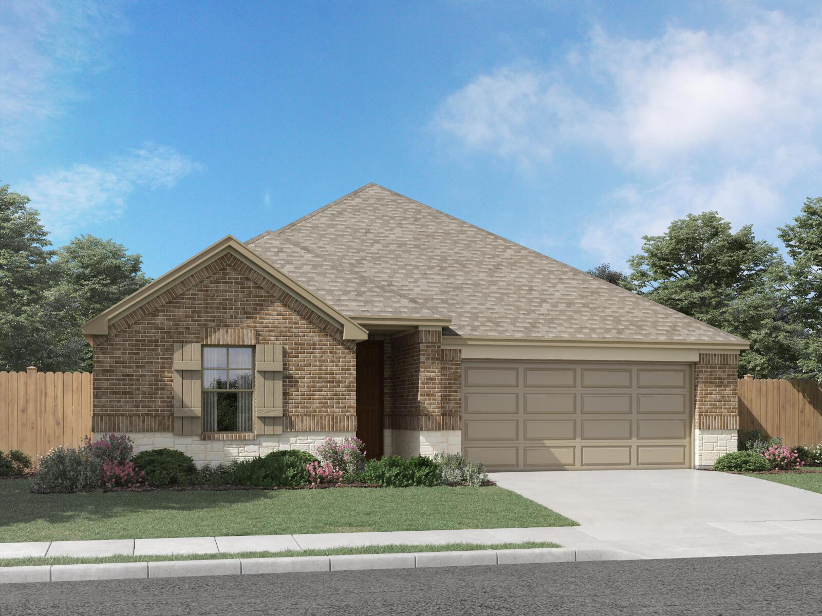 Front exterior rendering of the Preston floorplan, elevation B.:Front exterior render, elevation B.