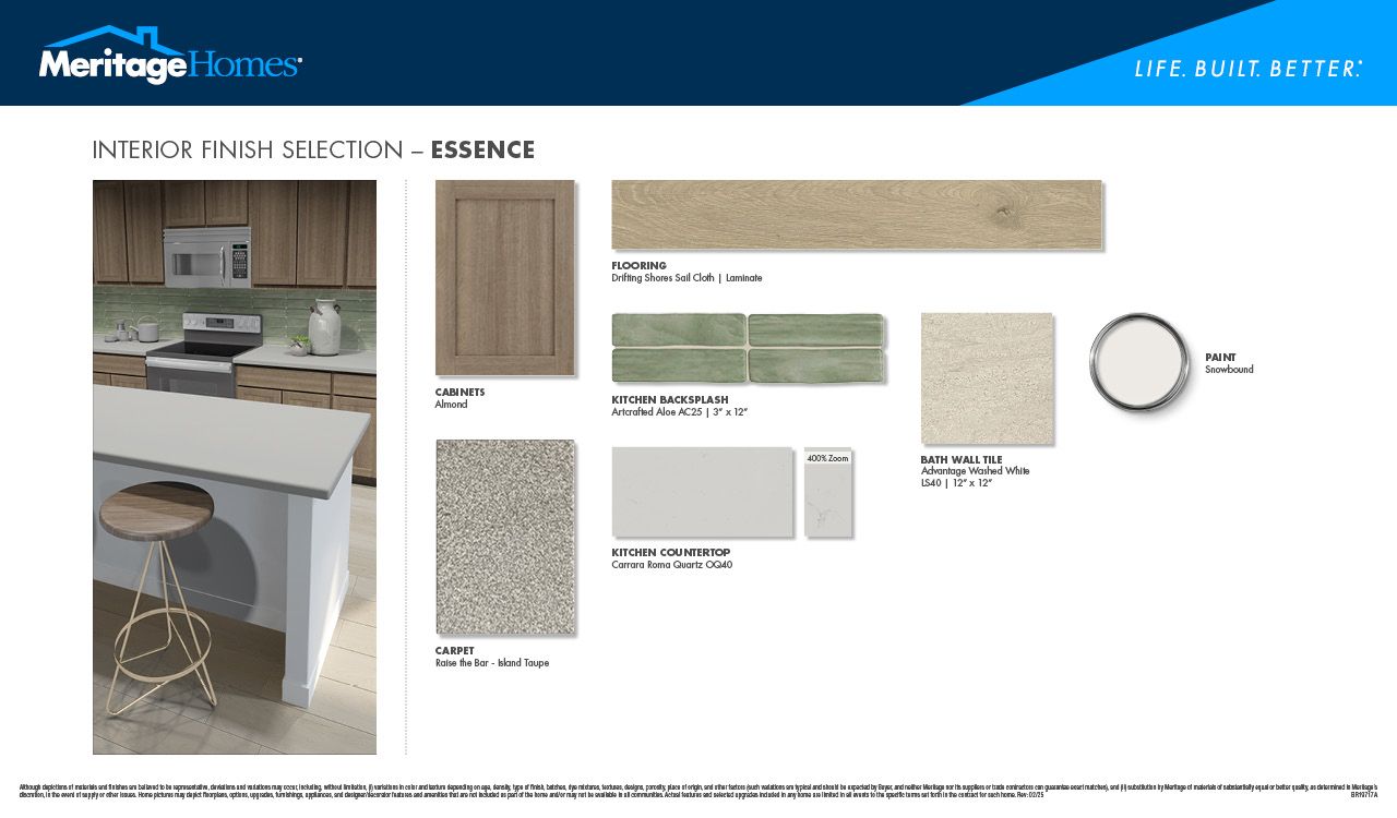 Almond-colored cabinets, quartz countertops, and a light green backsplash:Essence Interior Package