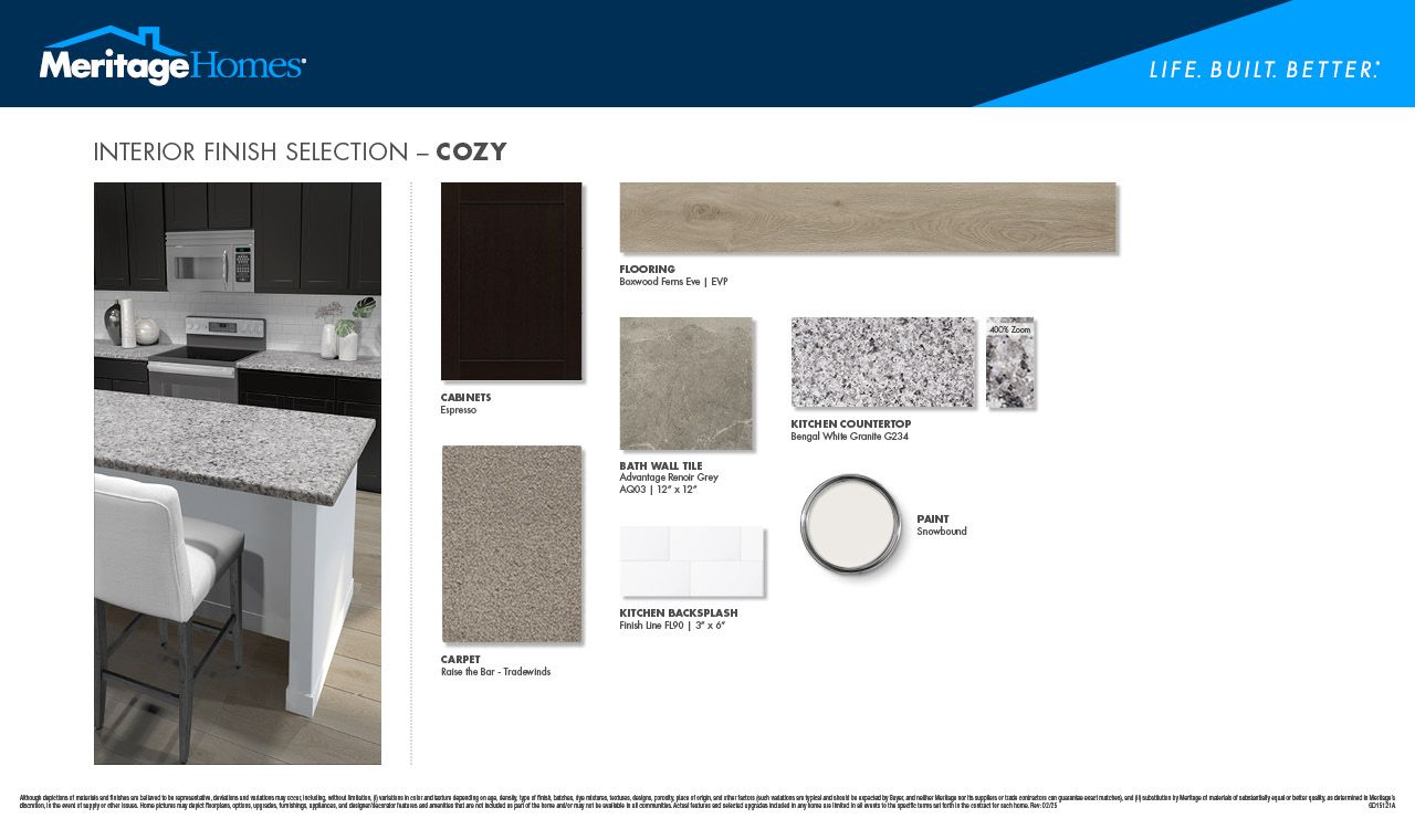 Espresso-colored cabinets and granite countertops:Cozy Interior Package