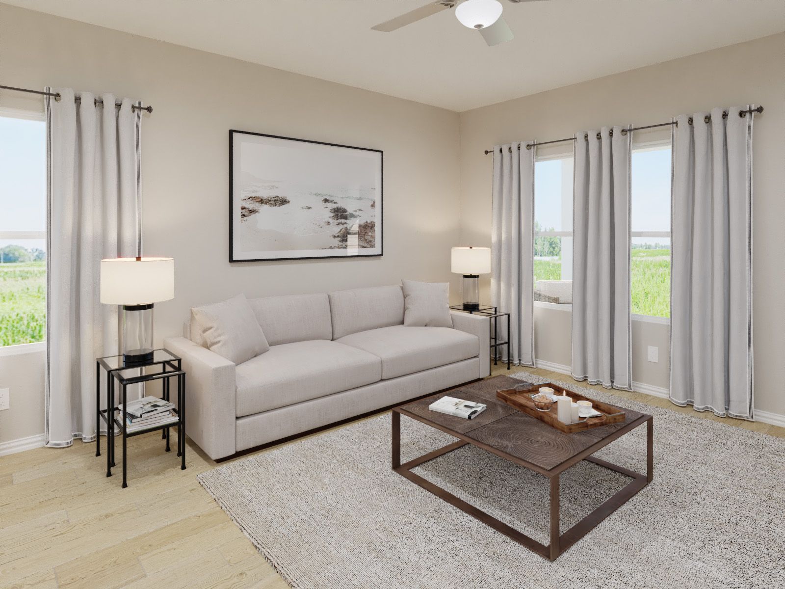 Living Room Rendering:Kick your feet up after a long day in your cozy living space.