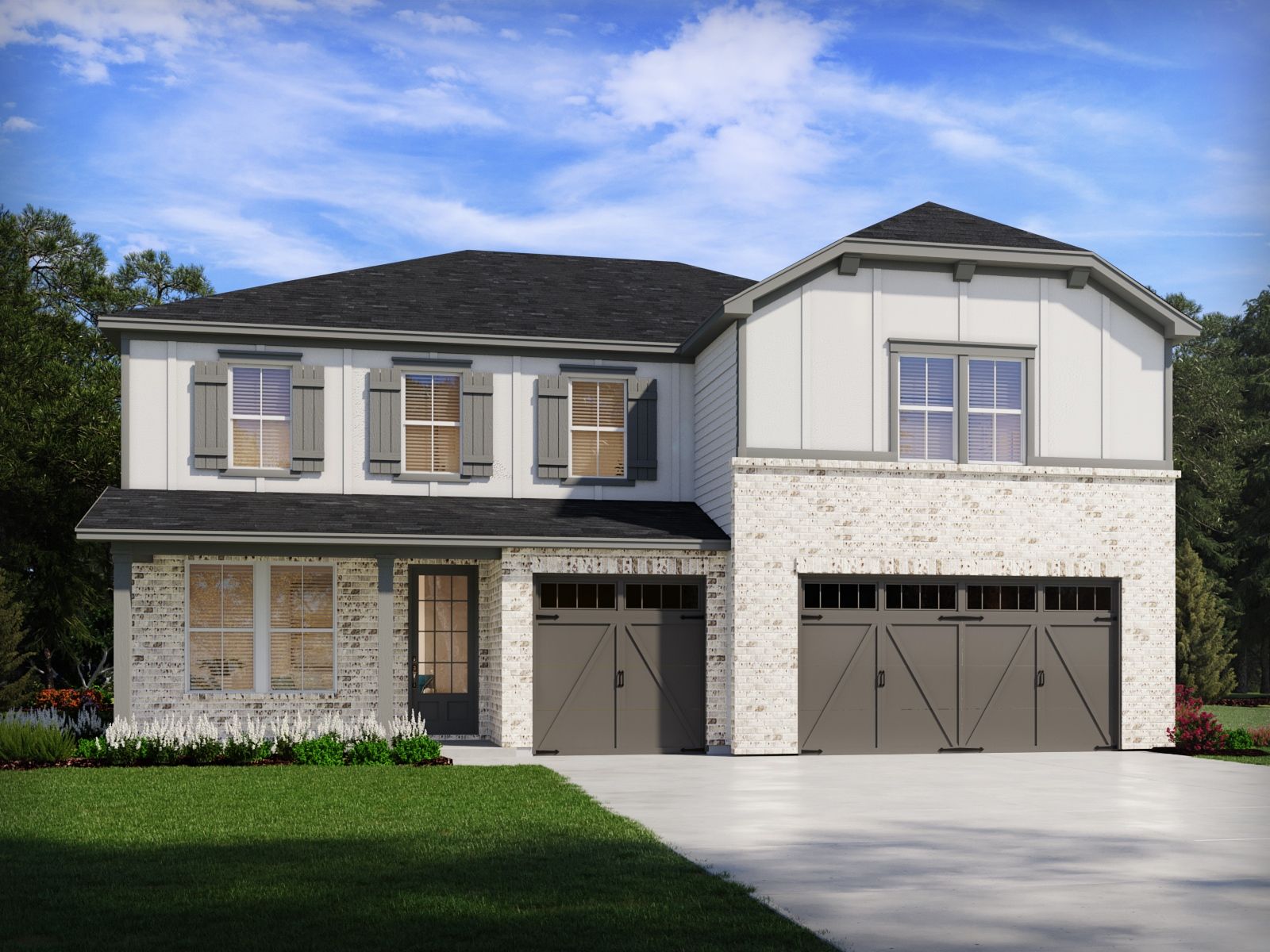 Front Exterior:The Nantucket floorplan with Elevation N modeled at Vines at Mill Creek.
