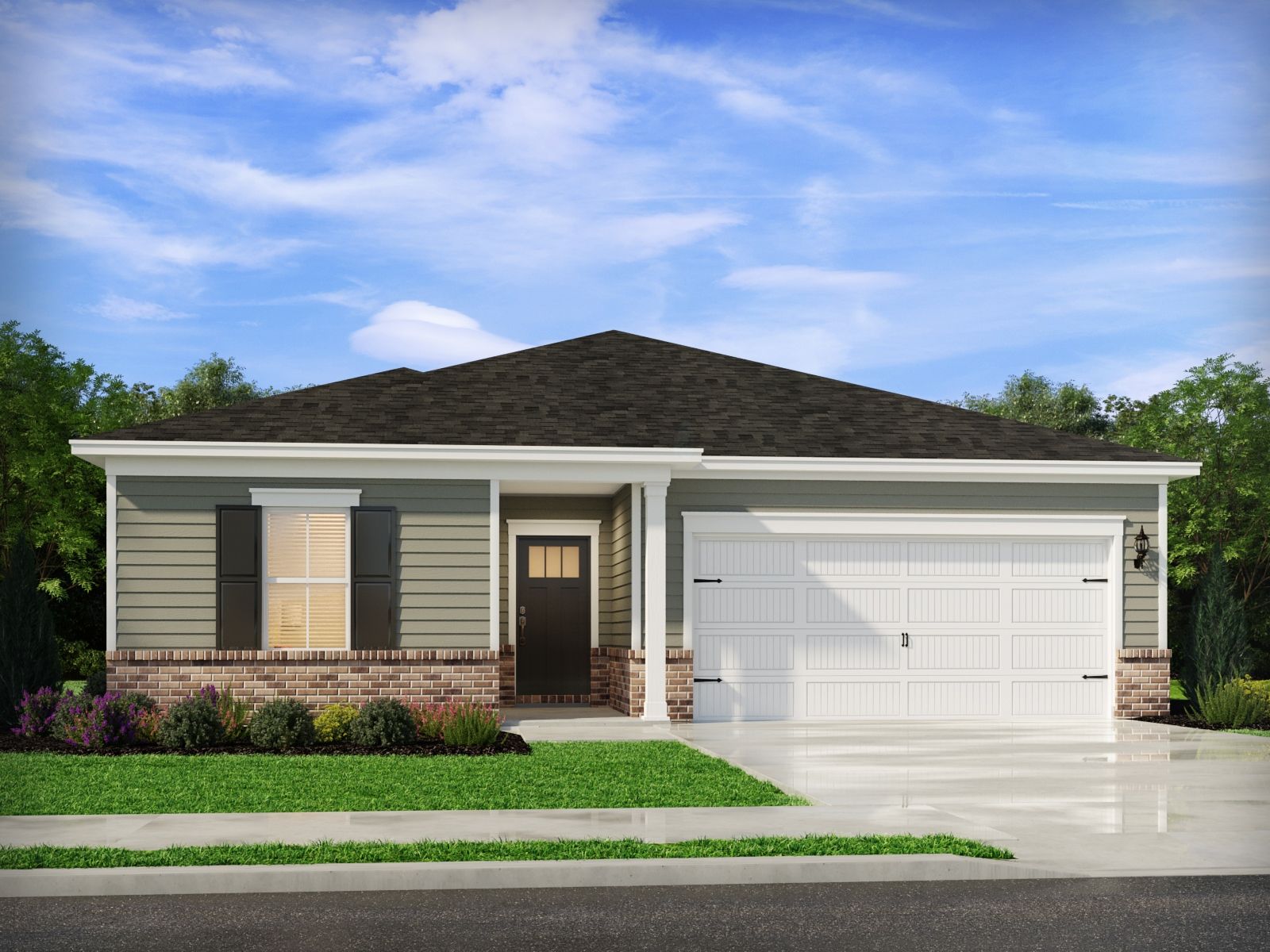 Front Exterior:The Buchanan floorplan with Elevation B modeled at Brookhill Reserve.
