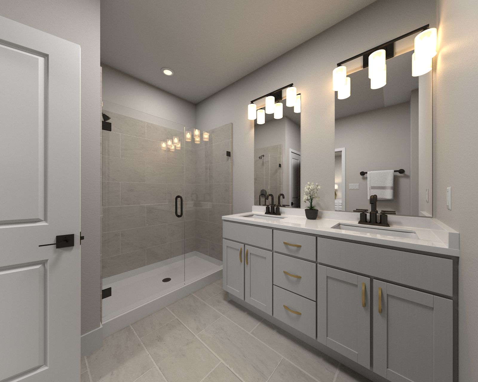 Primary Suite Bathroom:The primary bathroom offers dual vanity sinks and a walk-in closet.