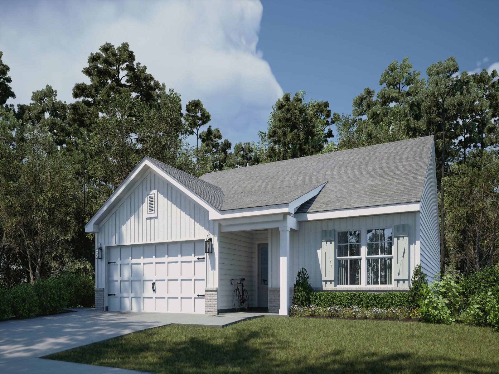 GLF_ElliottHomes_Kai_Exterior_G_Southern.jpg:Kai front exterior rendering at a Meritage Homes community in Gulfport, MS.