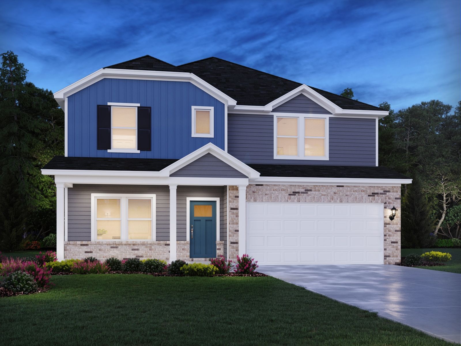 RAL_WatkinsGlen_Sherwood_Exterior_N.jpg:Sherwood front exterior rendering at a Meritage Homes community in Raleigh, NC.