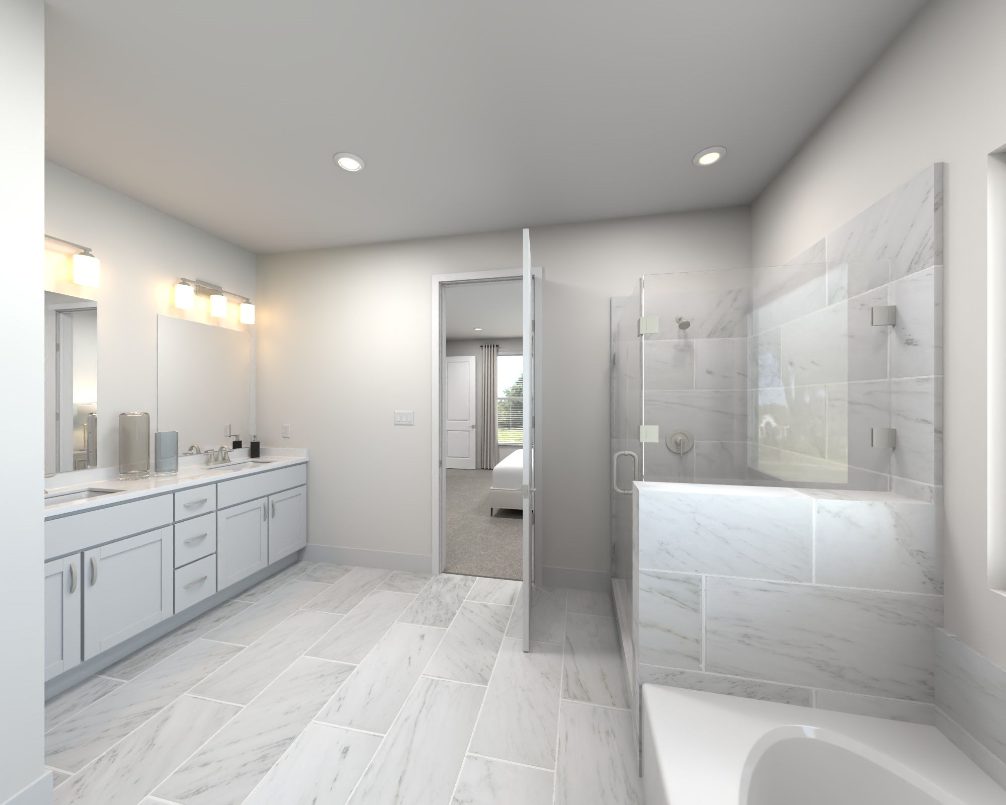 Primary Bathroom:The primary bathroom offers dual vanity sinks and a walk-in shower.