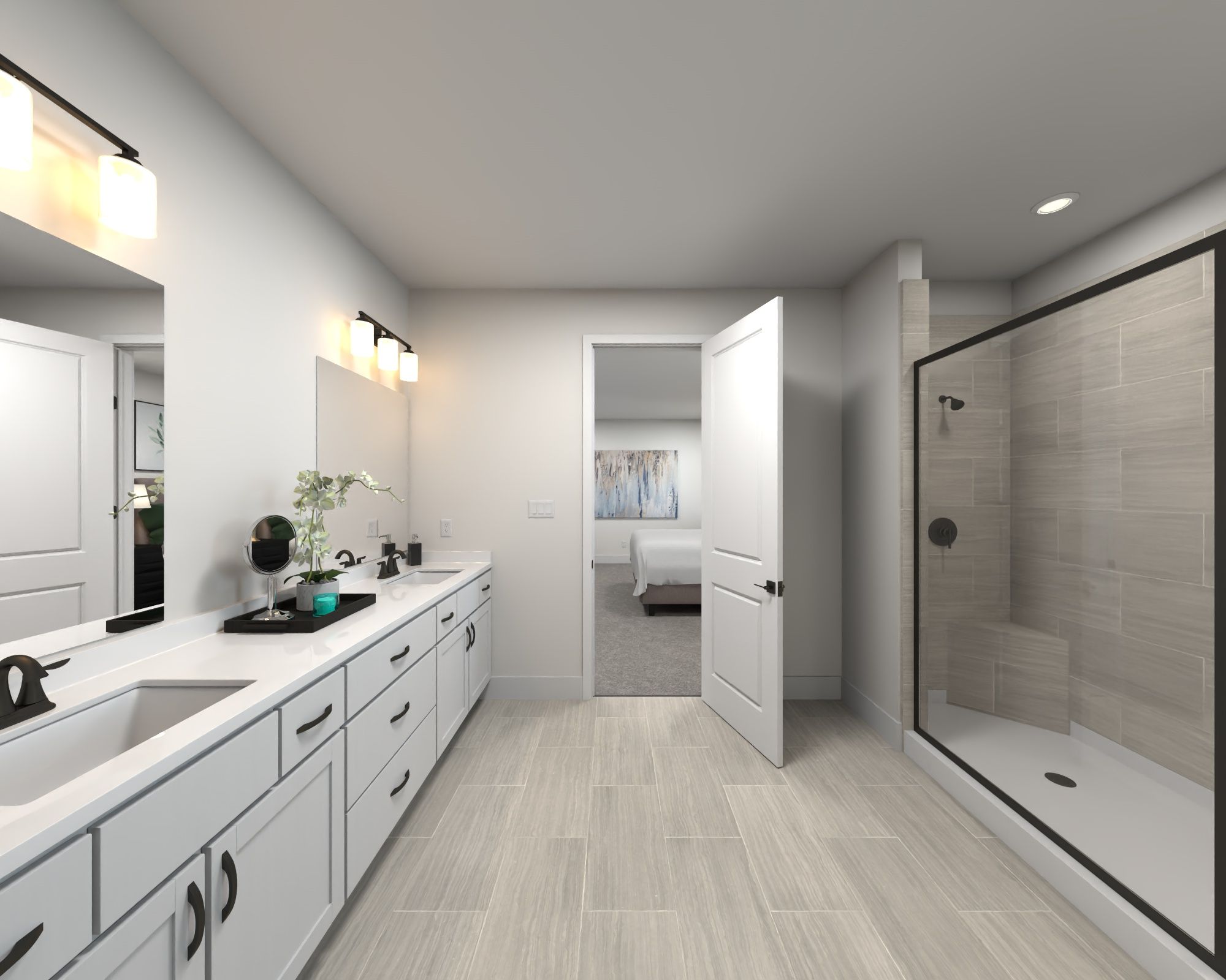 Primary Bathroom:The primary bathroom offers dual vanity sinks and a walk-in shower.
