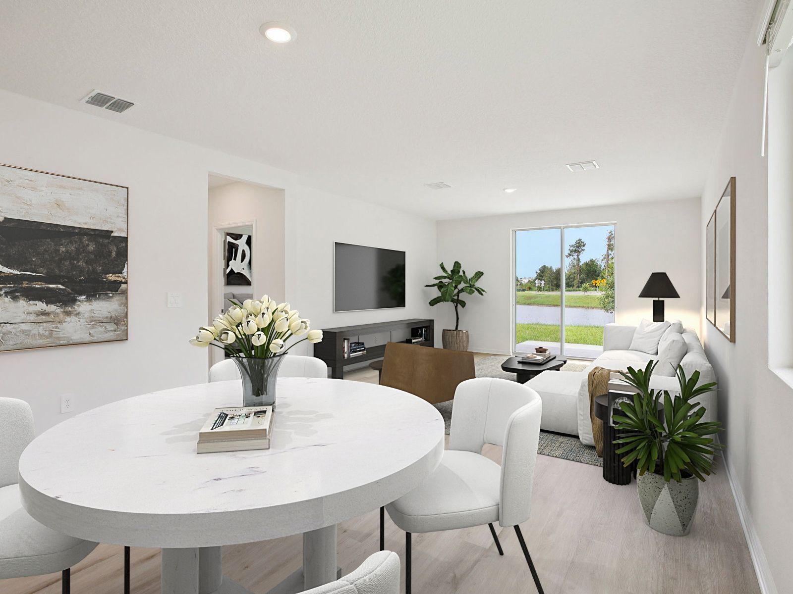 The Dining and Great Room of the Acadia Virtually Staged.:Dining room