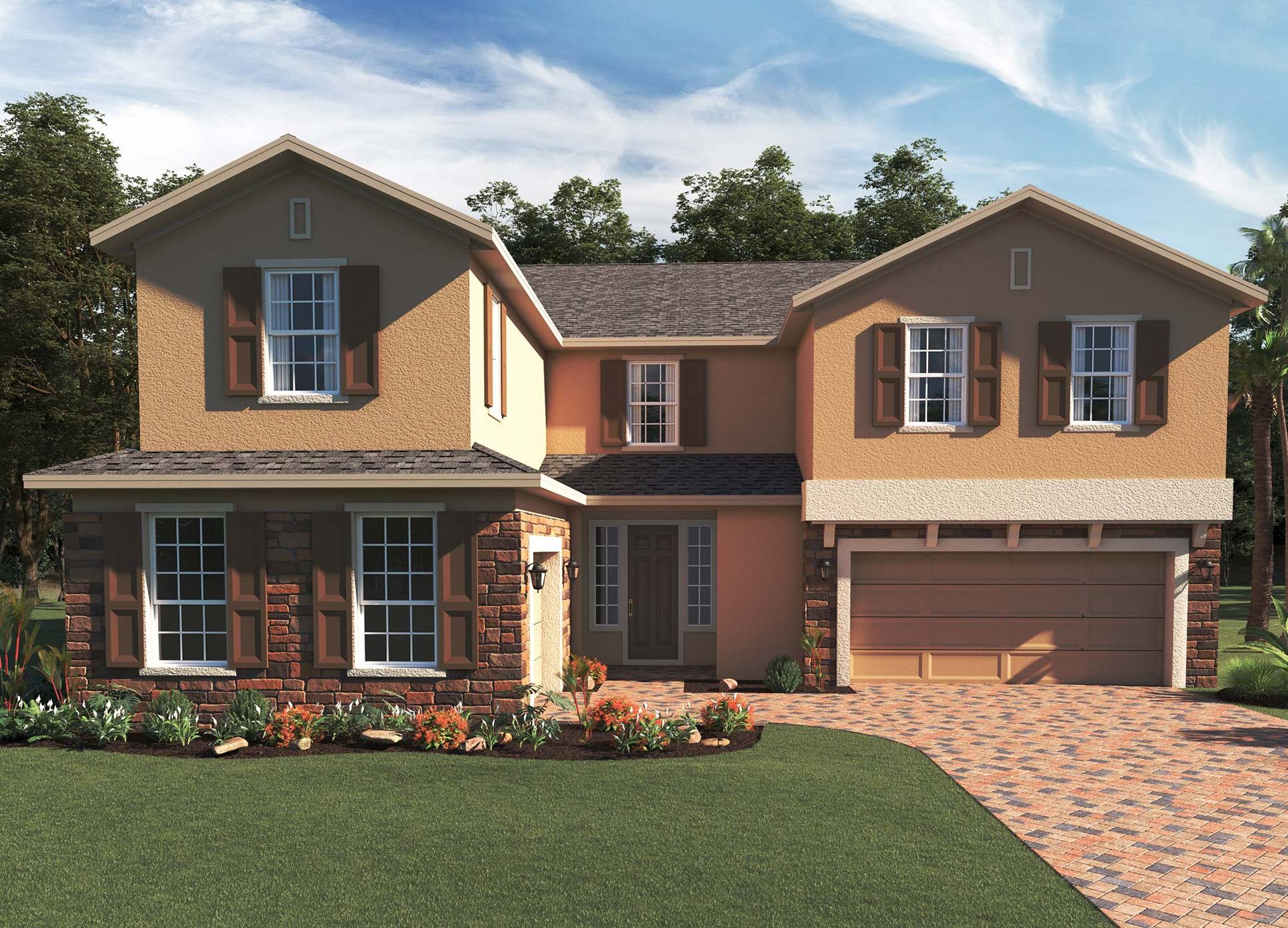 Trinity-Lakes-Palmer Executive-Elevation-2-Optional-Stone-2000x1442-Risewell-Homes