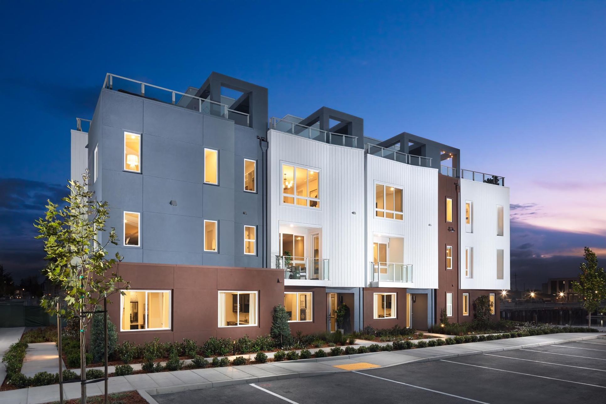 Waterside at Alameda Marina - Front Exterior Dusk - 2000x1300 Risewell Homes