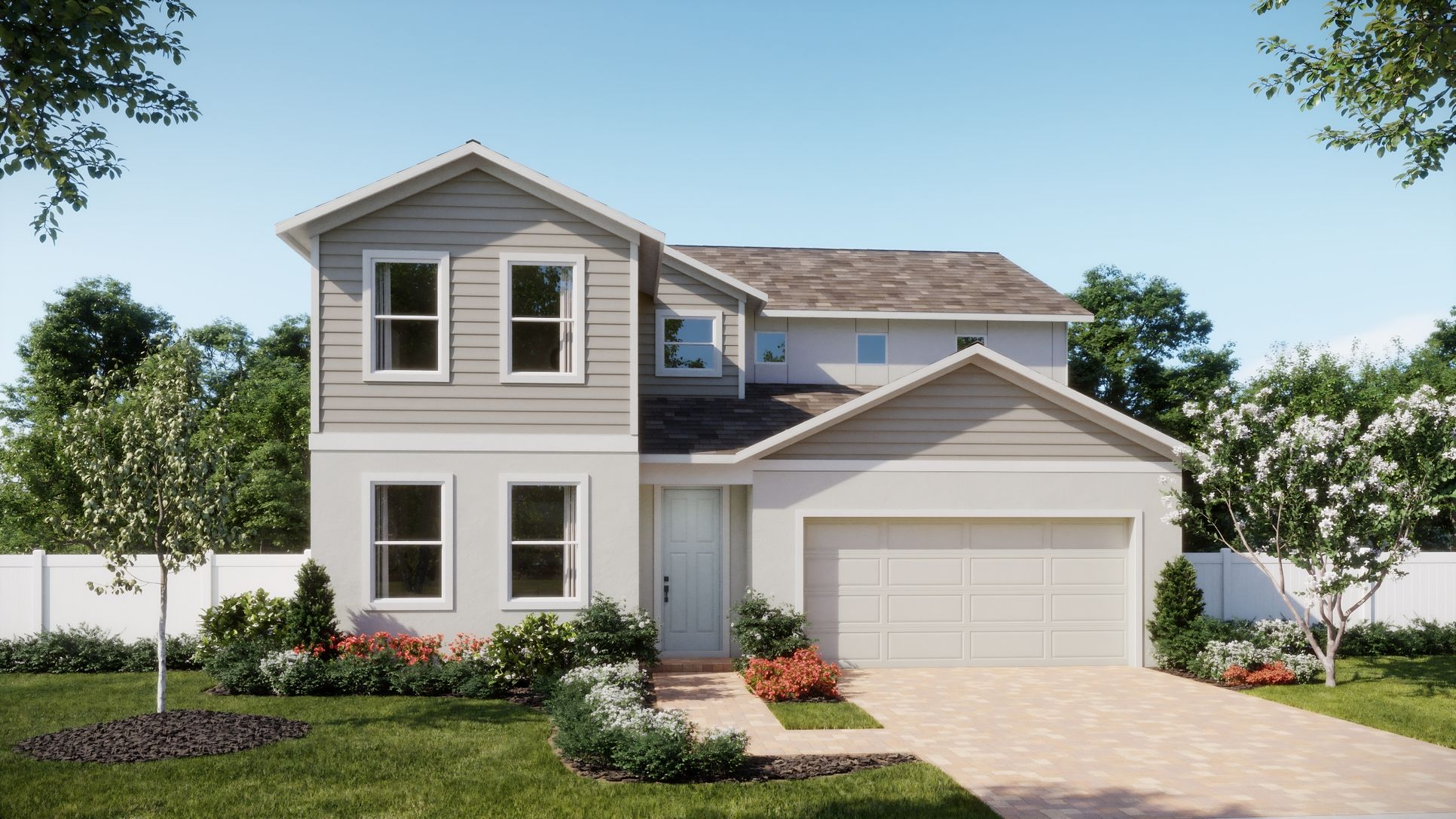 Kentucky Square - Monroe - Transitional Elevation 2 Car Garage - Exterior Rendering - Risewell Homes