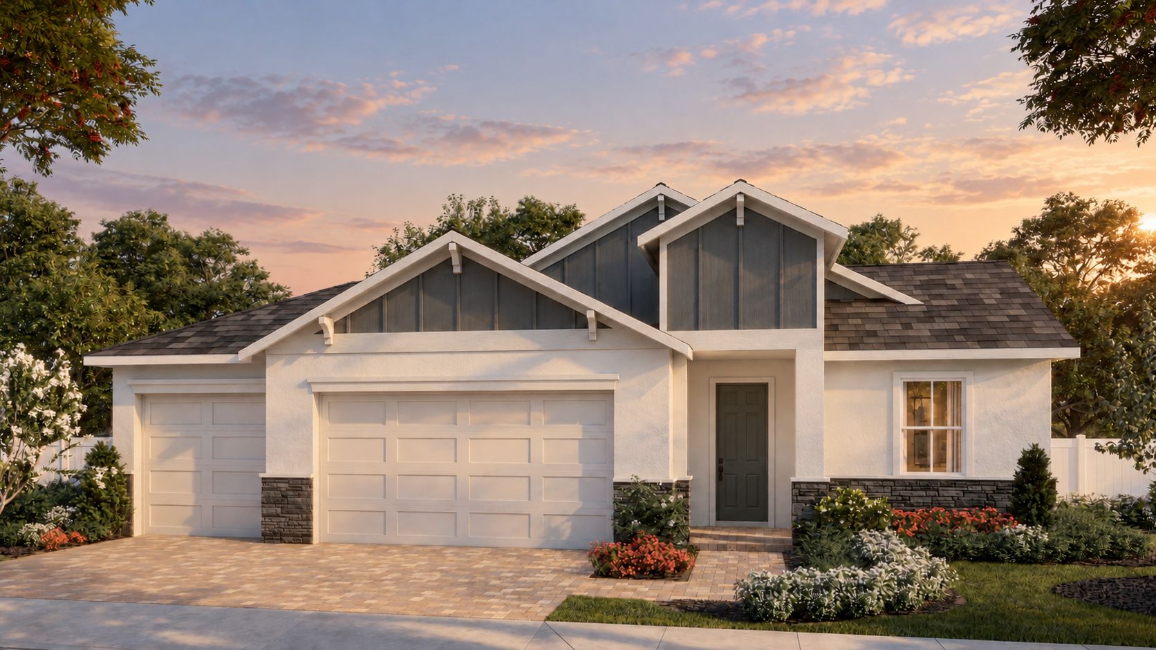 Country Club Estates - Meadowood - 3 Car Front Exterior - Exterior Rendering - Risewell Homes