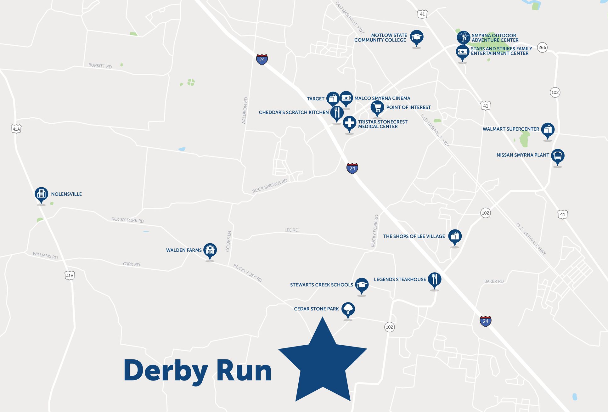 CLOSE TO EVERYTHING YOU NEED:Derby Run is centrally located between I-840 and I-24 and just minutes to everything you need along Sam Ridley Pkwy. Plus, you’re just 20 minutes from Cool Springs! Join the VIP list today.