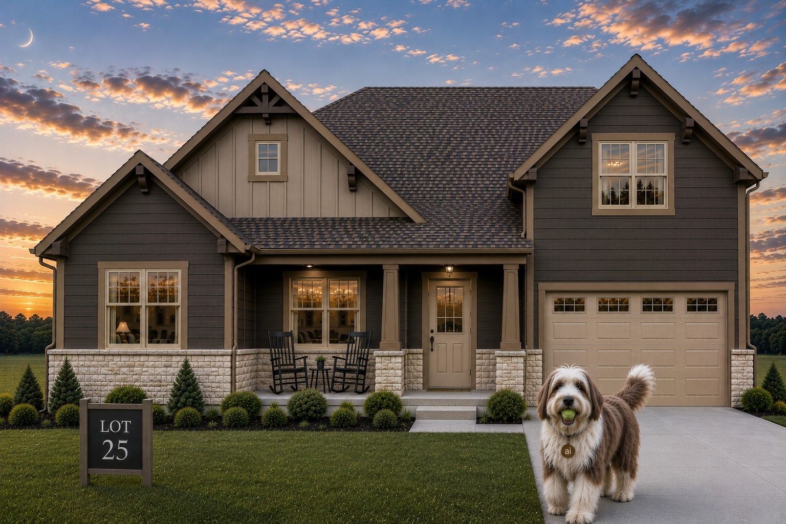 Exterior:ai rendering of plan using similar colors. You will love this new plan with two car garage and fron