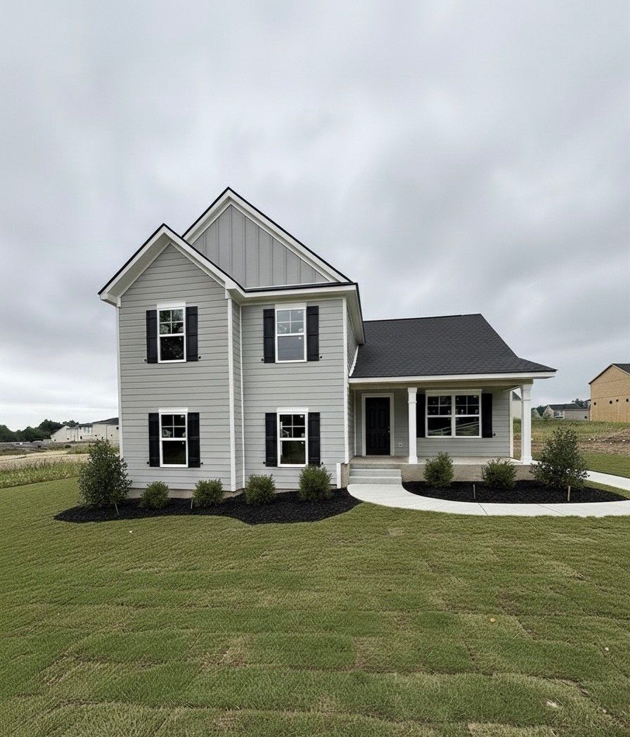 Exterior:This is a rendering of the following photo showing that there will be sod in the front yard, landsc