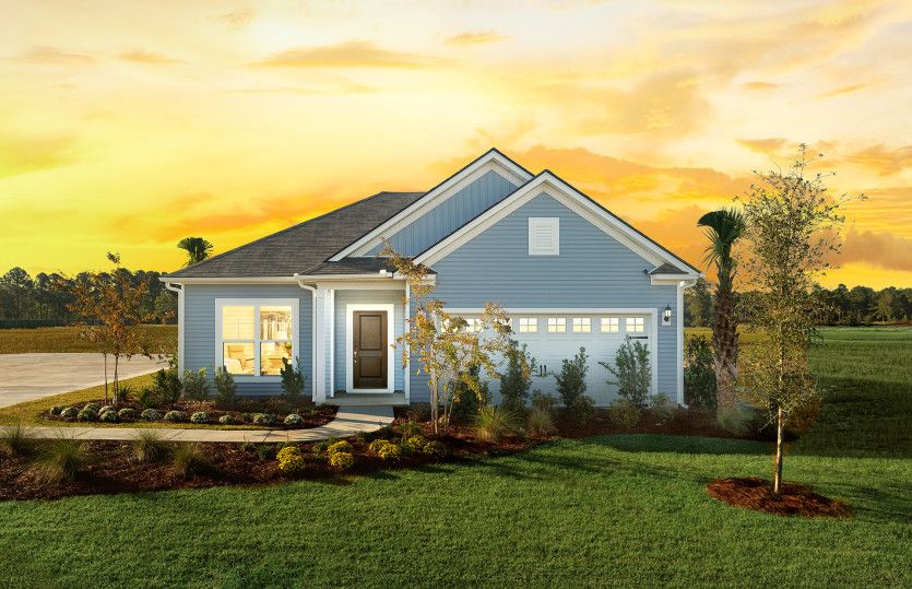 Exterior:Morgan New Home Model Twilight Exterior LC3A with covered doorway.