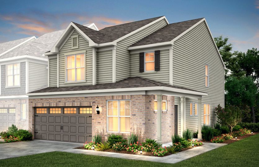 Stetson:Stetson Exterior 25B features siding, brick, covered side entry front porch and 2 car rear load gara
