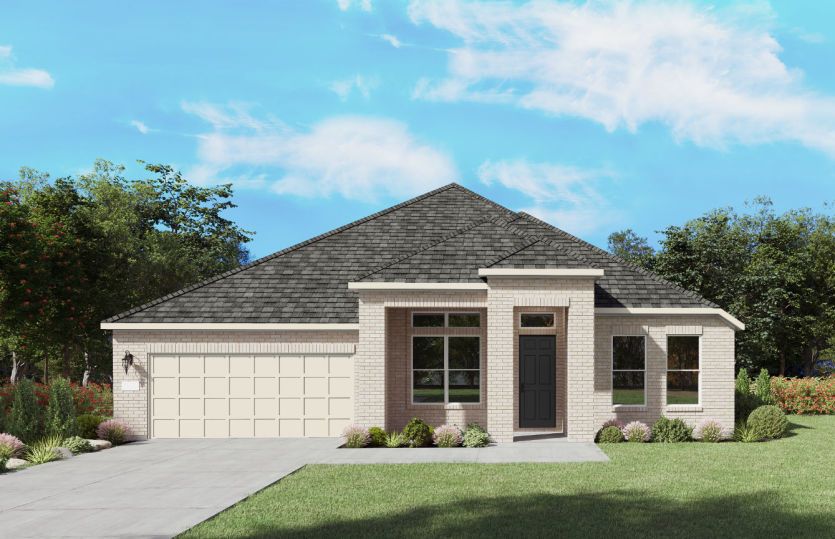 Azle:The Azle, a one-story new home design shown with home exterior TR 201