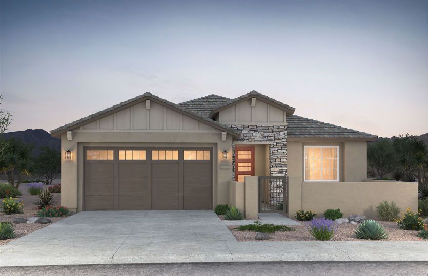 Barletta:Exterior rendering shown in design style B. This design features optional stone accents for maximum