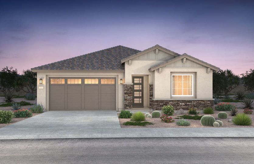 Brownstone:Single-story Brownstone plan shown in Elevation A with a two-car garage.