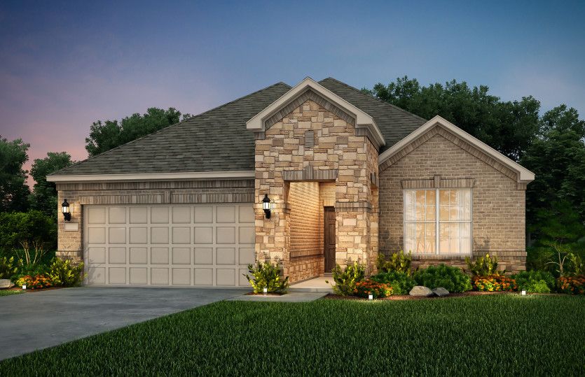 Exterior:The Emory, a one-story home with 2-car garage, shown with Home Exterior 35